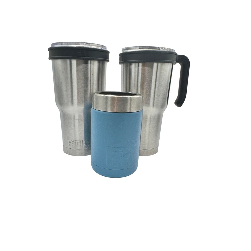 RTIC Stainless SteelTumbler Bundle 30oz Cups w/ Lids and Can Cooler Blue Silver
